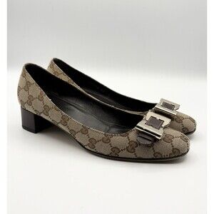 Gucci Canvas Monogram Low Block Heels Brown w/ Buckle Accent Y2K Sz EU 39